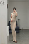 Marc le bihan shoulder strap tight short sleeve long skirt 2863 tilleul